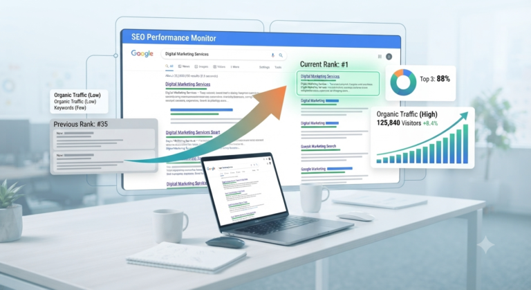 SEO strategies dashboard showing keyword rankings and organic search traffic growth