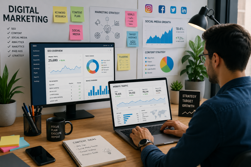 Digital Marketing growth:online business growth Digital marketing strategy with SEO, content marketing, social media, and website analytics